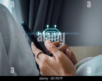Woman using AI voice assistant on smartphone with chatbot interface and speech recognition technology. Conversational artificial intelligence for mobi Stock Photo