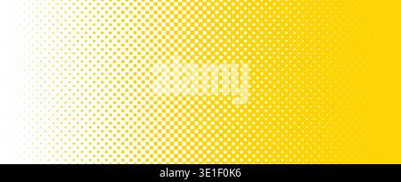 Yellow square pixel halftone gradient texture. Fading checkered gradation wallpaper. Bright squared dot background. Abstract vanishing comic pop art backdrop. Vector repeated raster effect overlay Stock Vector