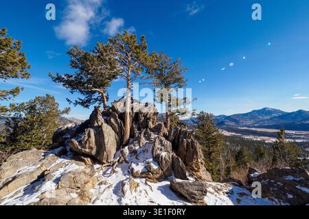 A scenic view of snow-dusted rocks and pine trees against a bright blue sky, with distant mountains and a valley visible in the background. Stock Photo