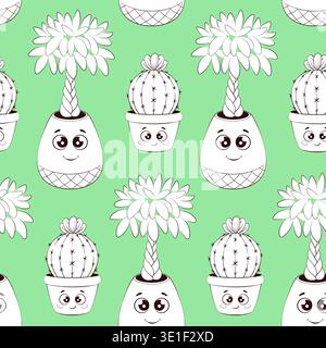seamless pattern with cute potted plants on green background with smiling faces Stock Vector