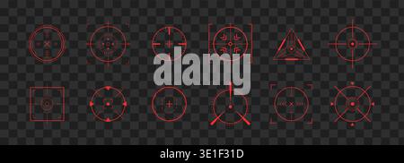 Red crosshair Hud. Focus with bullseye. Exploding clip art and compass. Hunting gun viewfinder with crosshair. UI Vector illustration Stock Vector