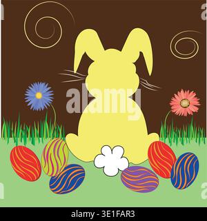 Easter Bunny from Behind in Garden with Flowers and Decorated Easter Eggs – Vector Illustration. Stock Vector