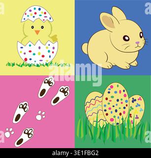 Four-Quadrant Easter Vector Background with Rabbit, Bunny Tracks and Easter Eggs. Stock Vector