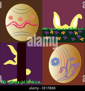 Four-Quadrant Easter Vector Background with Decorated Eggs and Hidden Rabbit Ears Stock Vector