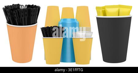 Set of takeaway coffee cups with plastic lids, stirrers, and sugar sachets isolated on white background. Concept of beverage service Stock Photo