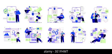 Vector illustration set depicting cybersecurity and technology themes with characters interacting with digital security elements and tech devices, showcasing cyber safety concepts. Stock Vector
