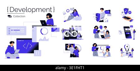 Vector illustration set showcasing various digital development activities. Depicts teamwork, cloud computing, cybersecurity, mobile development, and innovative tech solutions. Stock Vector