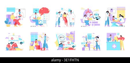 Set of vector illustrations depicting various healthcare scenarios, including virtual consultations, emergency calls, vaccinations, and medical treatments. Highlights professionals engaging in healthcare services and patient care. Stock Vector
