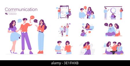 Vector illustration depicting diverse group interactions, showcasing different communication methods. Individuals are engaged in discussions, working together, and expressing emotions through dialogue. Stock Vector