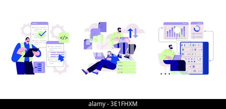 Vector illustration depicting teamwork in software development. Individuals are engaged in coding, data analysis, and system management, illustrating collaborative tech work environments. Stock Vector