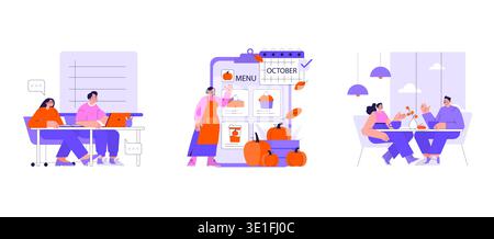 Vector illustration depicting three scenes: two people working in an office, a person pointing at a seasonal menu, and two people conversing in a cafe. Captures work, menu, and leisure in autumn. Stock Vector