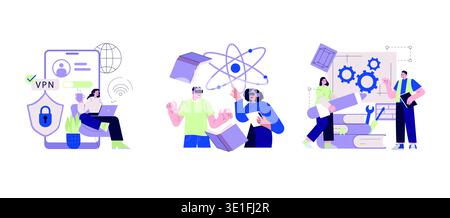 Vector illustration featuring themes of secure online connections, technological advancements, and education. People depicted using technology safely and studying with tools. Stock Vector