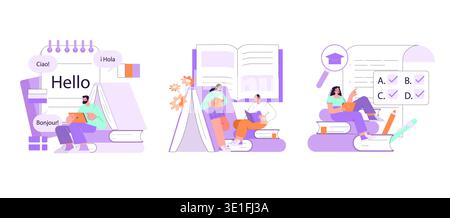 Vector illustration featuring people engaged in language learning, book reading, and test-taking activities. The scene highlights educational concepts with multilingual elements. Stock Vector