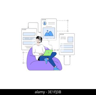 Vector illustration of a person sitting on a bean bag, working on a laptop surrounded by digital interface elements. This image represents a modern approach to technology and workflow. Stock Vector