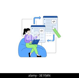 Woman sitting on a bean bag with a laptop, engaged in programming. The illustration shows code windows and directional arrows, highlighting the programming process in a vector style. Stock Vector