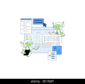 Vector illustration of two cheerful robots collaborating on software development, exchanging ideas and coding. Includes digital elements like code, forms, and binary numbers. Stock Vector