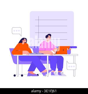 Vector illustration of two people discussing project ideas at a shared desk. One person uses a laptop while the other takes notes. Speech bubbles suggest communication and collaboration. Stock Vector