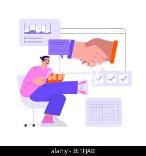 Vector illustration depicting a person engaging in an online business deal, symbolized by a handshake on a digital interface. Charts and checklists highlight successful negotiation. Stock Vector
