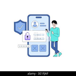 Vector illustration of a person interacting with a mobile login screen, emphasizing security with a lock icon and shield. Represents concepts of cybersecurity and online privacy. Stock Vector