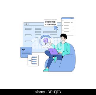 Vector illustration of a person seated on a beanbag working on a laptop surrounded by coding elements. The person interacts with digital content depicting programming and binary code. Stock Vector