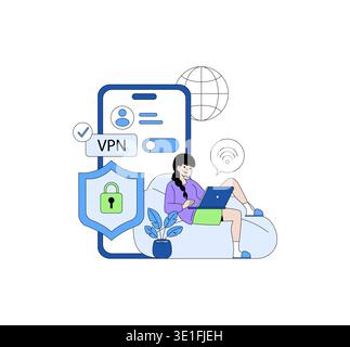 Vector illustration of a woman using a laptop secured with VPN. The image features a smartphone with VPN settings, a globe symbolizing global connectivity, and a security shield. Stock Vector