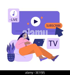 Woman sitting comfortably with a laptop, engaging in live music streaming. Vibrant vector illustration with elements like subscribe buttons and media icons highlighting digital activity. Stock Vector