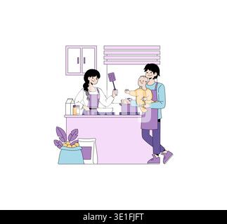 Vector illustration of a family cooking together in a kitchen. The mother holds a spatula, while the father holds the baby. Ingredients are on the counter, creating a cozy, domestic scene. Stock Vector