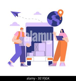 Vector illustration of logistics team loading truck with boxes. A person carries packages while another checks data on a tablet, symbolizing global shipping and teamwork. Stock Vector