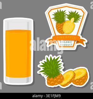 Illustration on theme big set different types juice pineapple in glass cup, juice pineapple pattern consisting of collection organic beverage to glass Stock Vector
