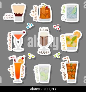 Illustration on theme of set bright alcohol cocktails for celebration party, full glass cup with tasty alcohol cocktails with different fruit ingredie Stock Vector