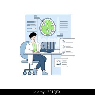 Vector illustration of a person analyzing brain data on a computer. The screen displays brain diagrams and charts, showcasing a focus on neuroscience and data science applications. Stock Vector