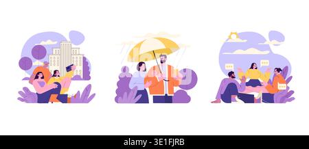 Vector illustration depicting three scenes of friendship: taking a selfie outdoors, sharing an umbrella under rain, and engaging in cheerful conversation. Ideal for themes on social activities and relationships. Stock Vector