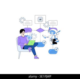 Vector illustration showcasing a person engaging with an AI robot in a digital workflow. The scene includes various digital elements and illustrates human-technology interaction. Stock Vector