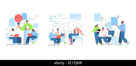Vector illustration of a diverse team collaborating with laptops, discussing ideas, analyzing data charts, and focusing on project plans. Concepts of teamwork, creativity, and innovation are depicted. Stock Vector