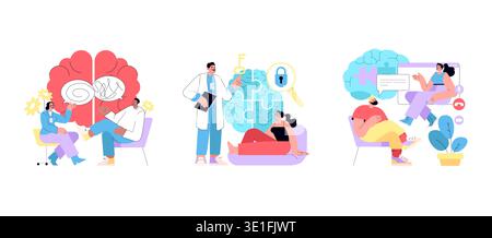 Colorful vector illustration featuring scenes of mental health therapy, highlighting sessions with a therapist, cognitive understanding with a doctor, and online counseling. Stock Vector