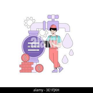Vector illustration of a technician in overalls and hard hat analyzing data on a plumbing system using a tablet. Water economy and efficiency concepts are illustrated with coins and gears. Stock Vector