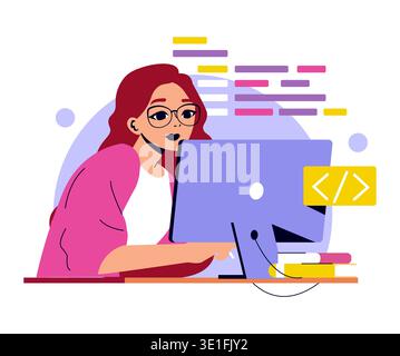Female programmer engaged in coding at a desk, focused intently on the project. This vector illustration captures modern tech work culture and creativity in problem-solving. Stock Vector