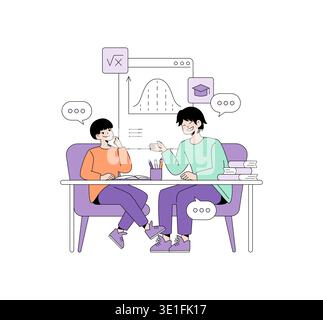 Vector illustration of two people engaging in a lively learning session about statistics, featuring charts and books. Emphasizes collaborative education and academic discussion. Stock Vector
