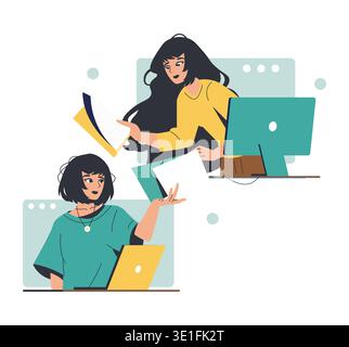Vector illustration of two women collaborating digitally in an office setting. One passes a document to the other across computer screens, emphasizing teamwork and communication. Stock Vector