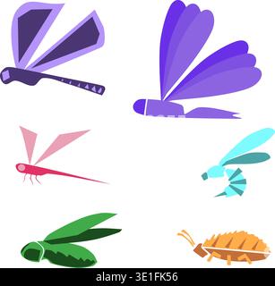 fancy conceptual old style insects logos icons symbols cockroach hornet dragonfly. Vector illustration fly mosquito purple and blue with green angular Stock Vector