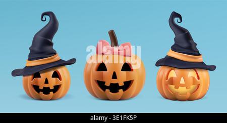 Halloween pumpkin funny character set. 3d vector invitation decor, girl smiling face and black witch hats. Scary happy smile, jack head costume png Stock Vector