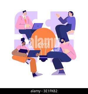 Vector illustration of a diverse group collaborating around a giant lightbulb puzzle. The scene emphasizes teamwork and creative brainstorming. Each person is engaged, symbolizing innovation. Stock Vector