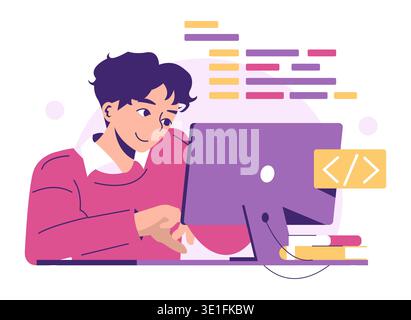 Vector illustration of a focused programmer working on a computer, typing code. The lively colors and coding symbols emphasize the programming theme, highlighting creative energy. Stock Vector