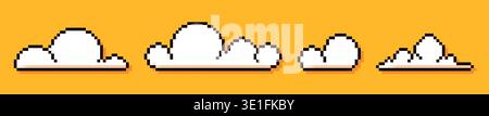 Set of four pixel game art white clouds on yellow background. Stock Vector