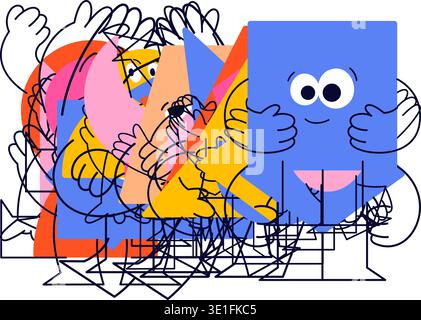 Geometric funny characters. Color elements with tiny stick legs, big eyes and funny emotions. Stock Vector