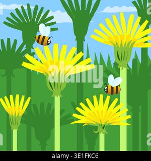 A beautiful background of blooming dandelions and bees flying nearby. Vector illustration Small fat bees do their business bee business swooping among Stock Vector