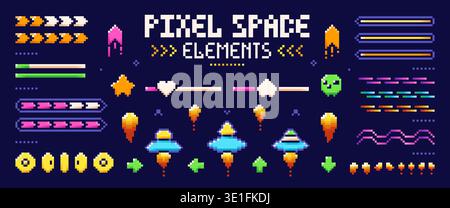 Pixel art UFO, raiders, and other game elements on blue background. Stock Vector