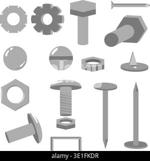 icons hardware metal art. rivets bolts and nails with screws. Vector illustration Conventional nuts gears and brackets. metal consumables for construc Stock Vector