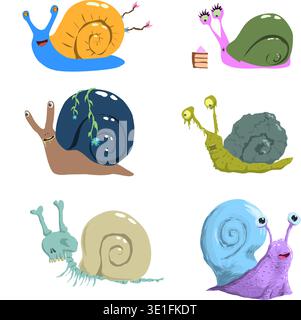 Vector illustration Six icons of different snails and zombie skeletons of different colors. Breed on NFT transparent background. Stock Vector