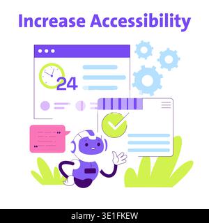 Vector illustration showing a friendly robot interacting with digital interfaces to demonstrate improved accessibility, featuring clocks, chat bubbles, and gears for technological emphasis. Stock Vector